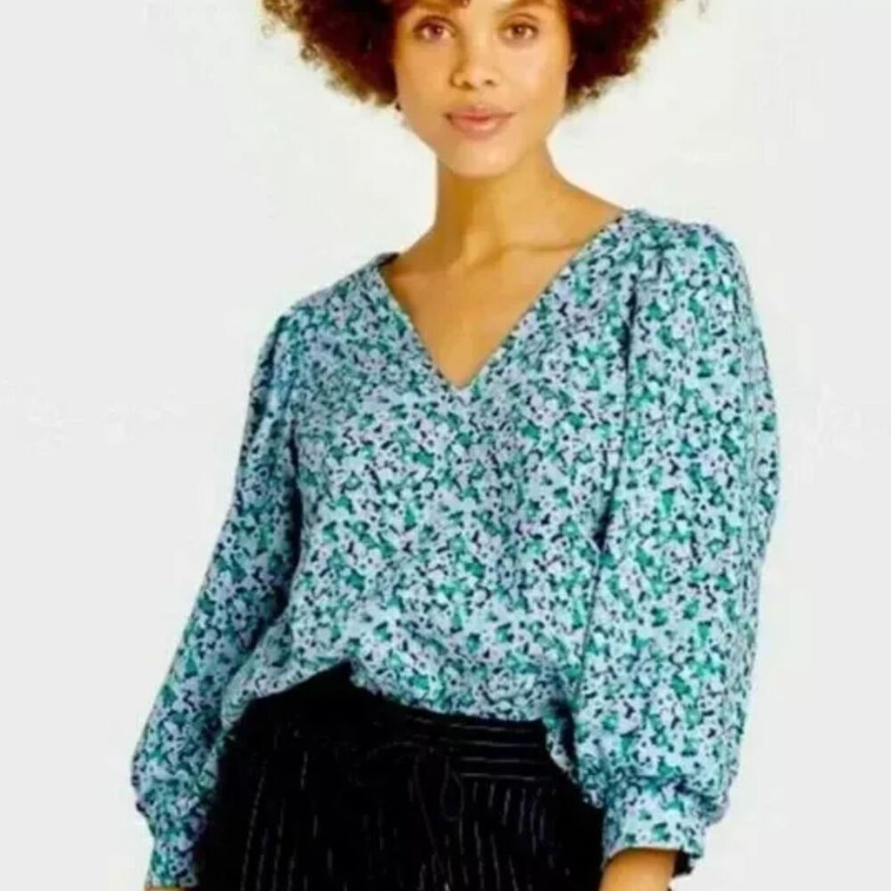 A New Day Floral Print Balloon Sleeve Blouse Blue Purple Size S Crinkle Boho